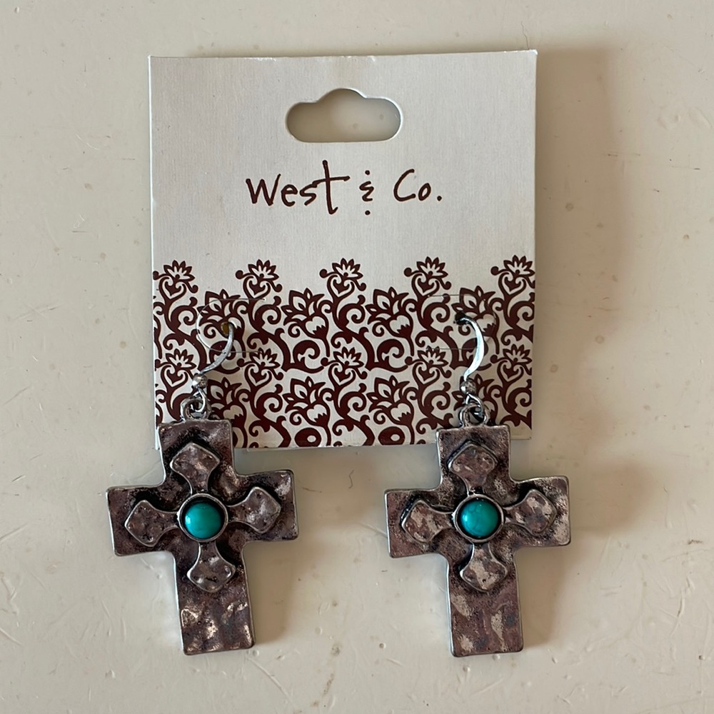 Silver and teal cross drop earrings